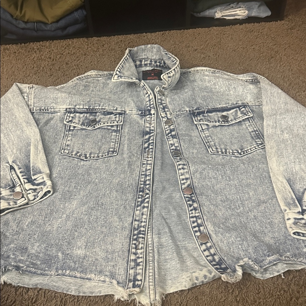 Black Label C'Est Toi Denim Jacket Women's Medium Blue Long Sleeve Frayed Hem